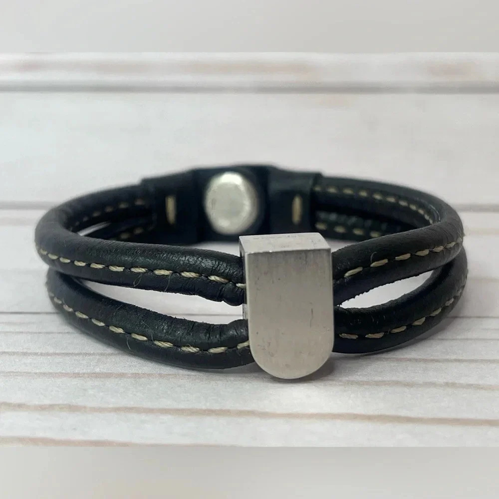 Delvaux‎ Black Leather Wrap Bracelet with Silver Tone Metal